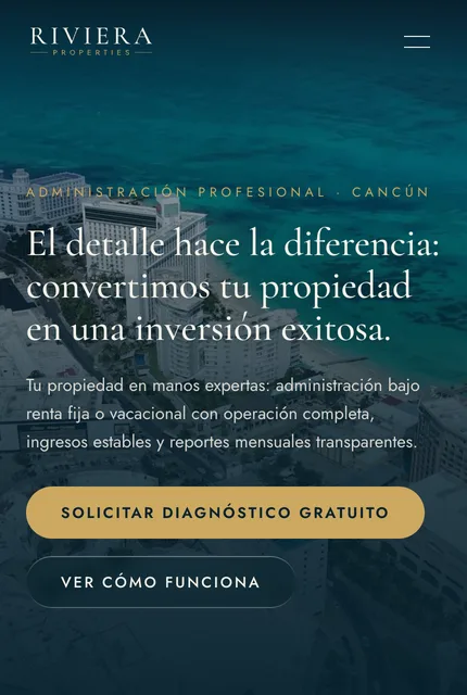Presentación móvil de Riviera Properties y acceso al diagnóstico gratuito.