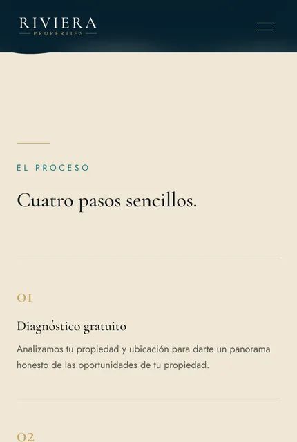 Sección del proceso de Riviera Properties, con los pasos de diagnóstico y activación.