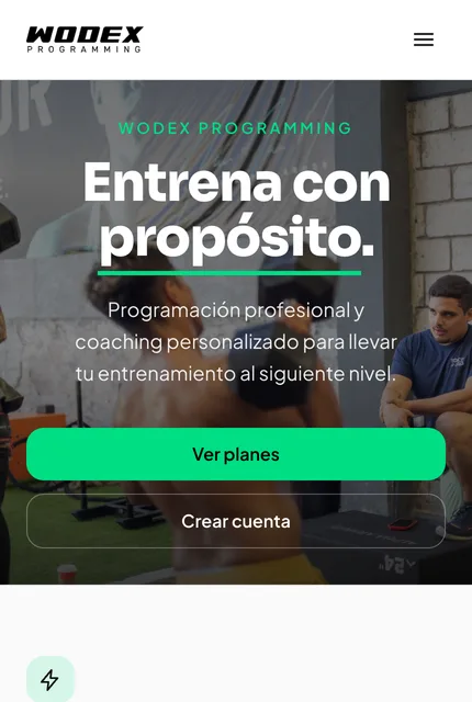 Inicio de Wodex en móvil, con el mensaje Entrena con propósito y acceso a los planes.